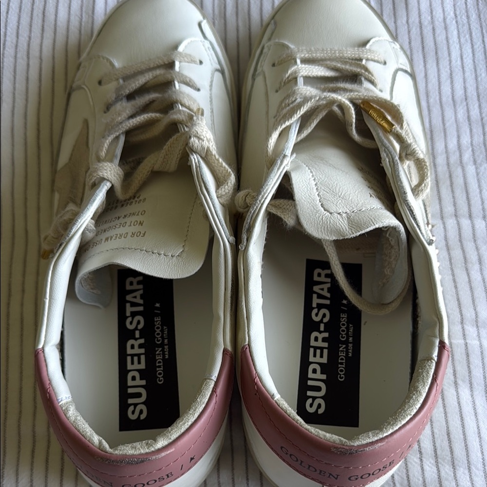 Golden Goose White Leather Sneakers with Pink Heel Tab and Pearl Accents - Picture 4 of 8